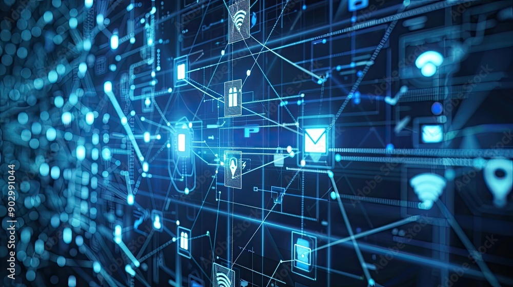 Poster background filled with dynamic data lines and communication icons, symbolizing digital interaction