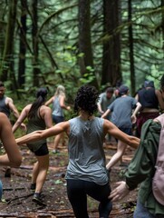 Fototapeta premium Illustration of Action-packed group therapy session, participants engaging in physical activities, serene forest setting, healing through movement and connection Ai Generate. 