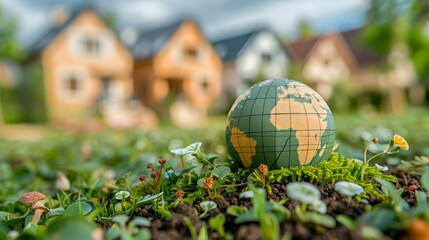 A small globe is placed on a patch of grass