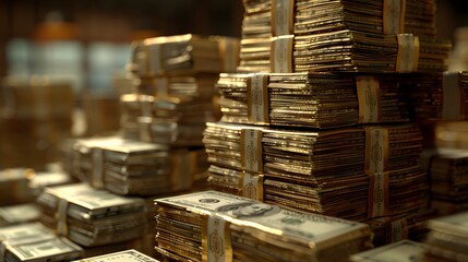 Obraz premium A Wealth of Stacks: Piles of Cash in a Luxurious Setting