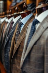 A row of suits and ties are displayed in a store. The suits are all different colors and styles, and the ties are also varied. Scene is that of a professional and polished appearance, with the suits