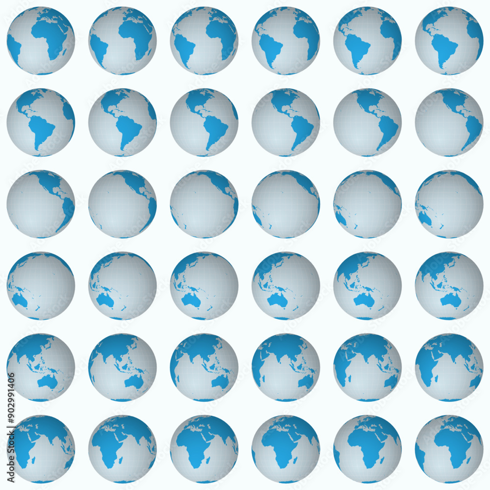 Poster collection of planet globes. normal sphere view. rotation step 10 degrees. solid color style. world 