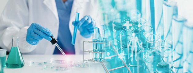 Medical research laboratory concept. Female scientist and laboratory glassware with a dropper...