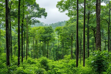 Fototapeta premium A forest with mixed deciduous and evergreen trees, diverse habitats, balanced forest ecosystem