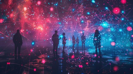 A group of people are walking down a street with a blurry background. The people are walking in a line and there are a few people in the foreground. The image has a busy and bustling feel to it