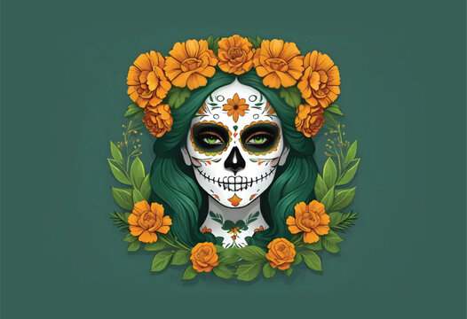 a catrina skull face painting with marigold flowers on her head and decorated with marigold flowers