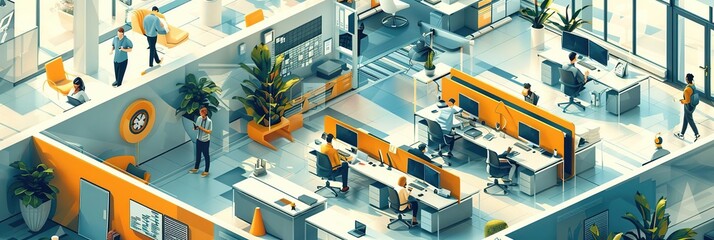 Modern Office Illustration -  A Busy Workspace with People Working