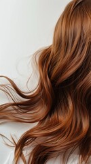 Fototapeta premium Close-up photo of a woman's long, wavy brown hair with reddish highlights cascading against a white backdrop, emphasizing its volume, texture, and elegance.