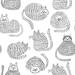 Seamless pattern with cats. Hand drawn illustration in doodle style.