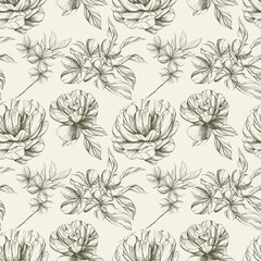 Hand drawn flowers pattern. Ink floral vintage illustration.