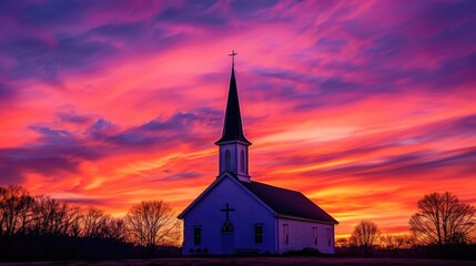 Obraz premium Church steeple silhouetted against a vibrant sunset, with warm hues painting the sky.