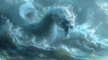 Ocean Dragon: A majestic, icy blue dragon emerges from the tempestuous waves, its scales shimmering with ethereal light. The creature's imposing presence fills the canvas, evoking a sense of awe and w