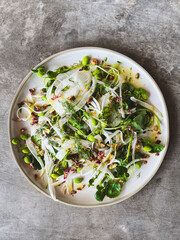 Salad with fennel edamame green beans summer, ceramic bowl concrete background