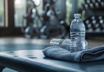 Water bottle and towel on a bench in a gym, copy space for text. Blurred background with fitness...