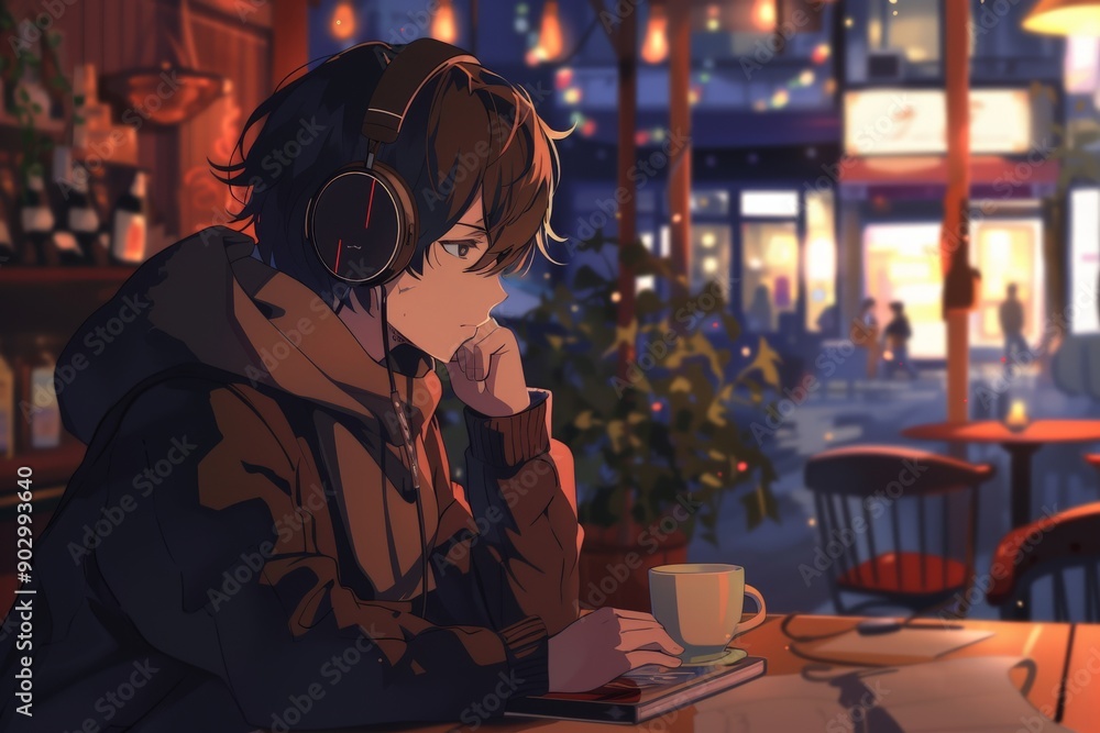 Wall mural anime boy with headphones at cafe