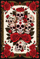 a poster with day of the dead skulls pattern and roses pattern and frame
