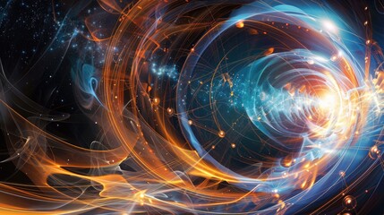 Obraz premium Communication symbols and swirling data lines on an energetic background, emphasizing connectivity