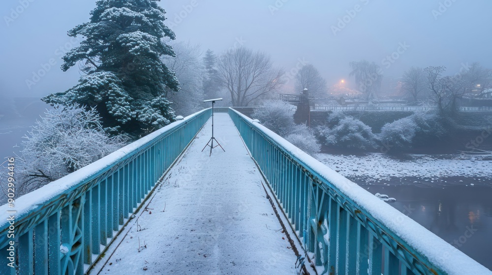 Poster a bridge over a frozen river with a tripod on the bridge