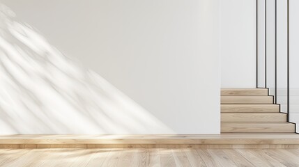 A bright, airy living space showcases a wooden staircase illuminated by natural light, highlighting sleek design and minimalist decor