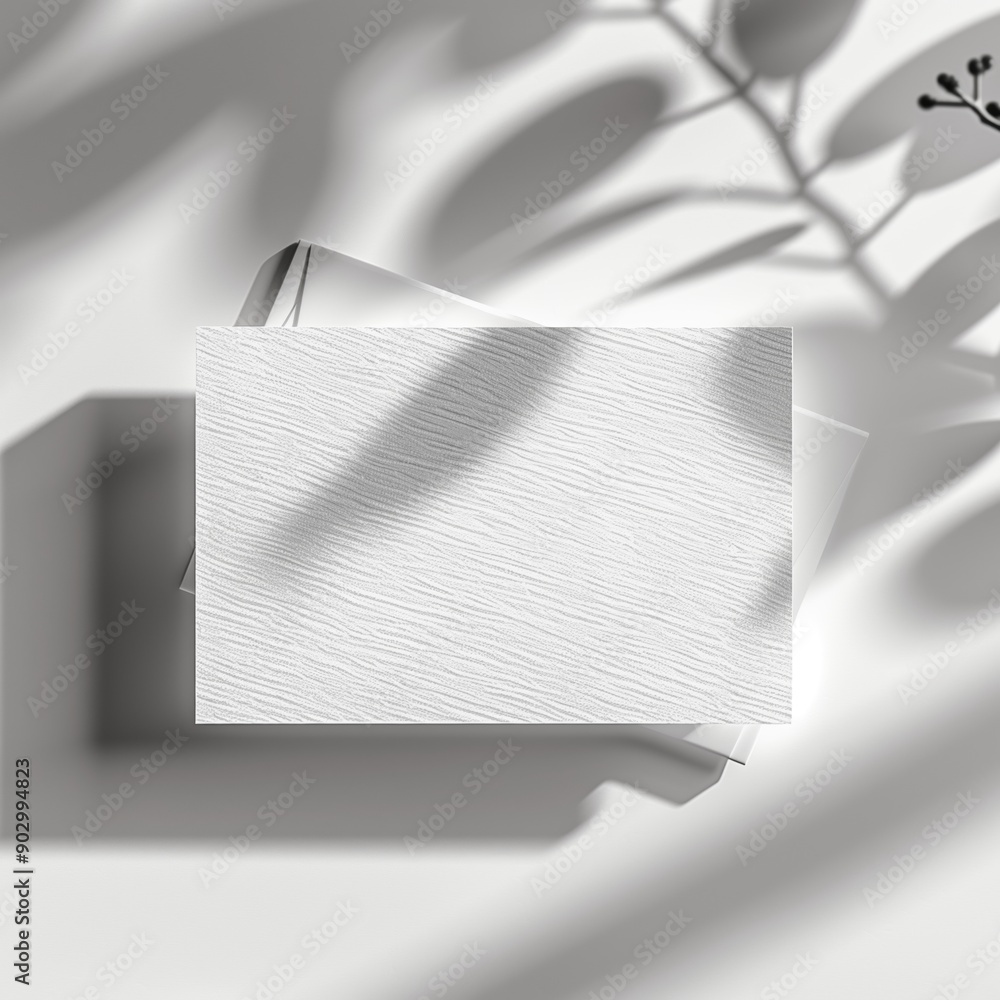 Poster minimalistic image of a blank card on a textured surface with soft, organic shadow patterns, creatin
