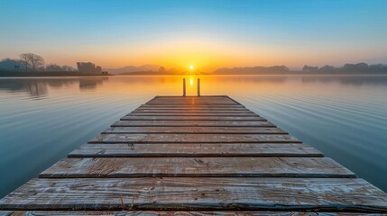 Obraz premium A wooden pier with a dock and a small boat