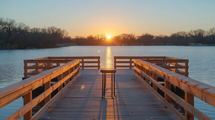 Fototapeta premium A wooden pier with a table and chairs on it