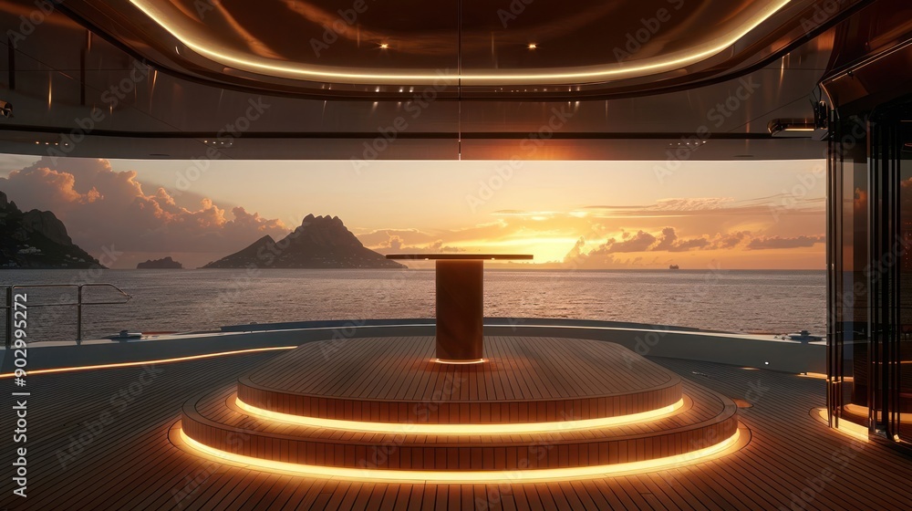 Poster a beautiful view of the ocean with a table in the middle of the scene