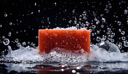 red sponge surrounded by bubbles on a black background, product photography