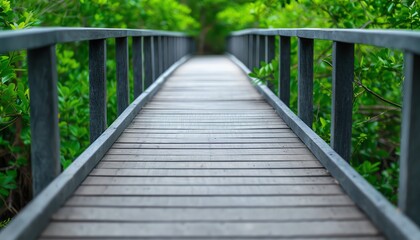 Obraz premium Elevated boardwalk through a wetland forest, birdwatching, natural observation