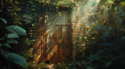 An old wooden door stands slightly open, surrounded by dense greenery, with sunlight filtering through the trees, creating a tranquil atmosphere in the forest