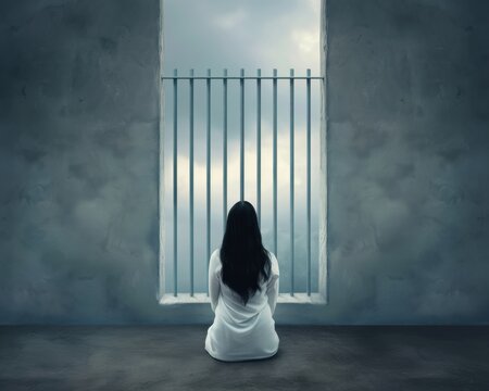 A woman imprisoned in a cell of highinterest loans, symbolizing loan imprisonment