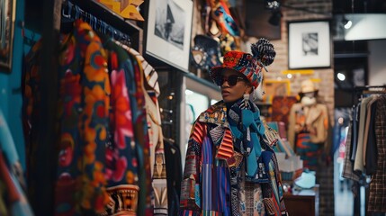 Naklejka premium Illustration of A quirky fashion designer with a bold and colorful aesthetic, dressed in a mix of eclectic patterns and textures, showcasing their latest collection in a trendy, urban boutique. Ai Gen