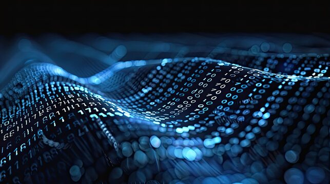 Dynamic waves of binary code flowing through a dark background, illustrating digital movement