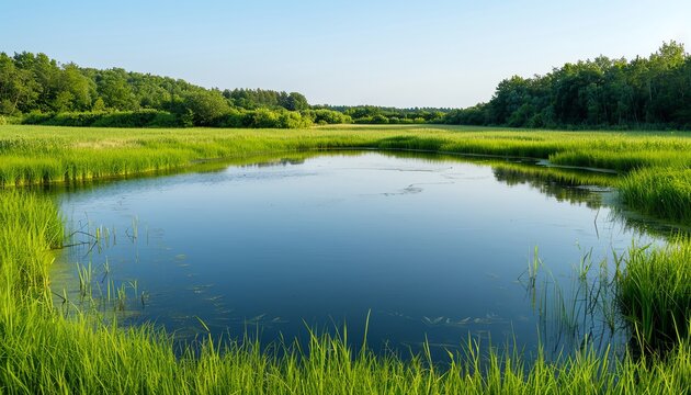 Reconstructed wetlands in a park for natural filtration, water restoration, habitat protection