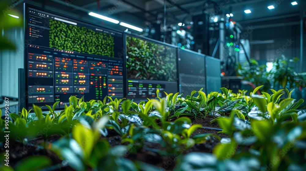 Poster a control room monitors automated systems for plant growth, displaying data on large screens while v