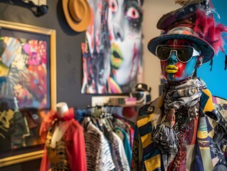 Fototapeta premium Illustration of A quirky fashion designer with a bold and colorful aesthetic, dressed in a mix of eclectic patterns and textures, showcasing their latest collection in a trendy, urban boutique. Ai Gen