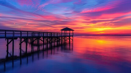 Fototapeta premium Fishing pier extending into the lake, silhouetted against a vibrant dusk sky, creating a tranquil scene.