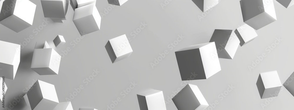 Poster white blocks seemingly falling from above. against a light gray solid background.