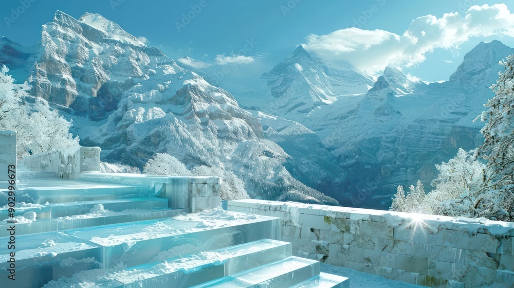 Aufkleber a snowy mountain range with a view of a frozen staircase leading to a pool