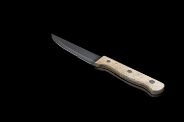 Rustic Wooden Handle Meat Cutting Knife on Black Background