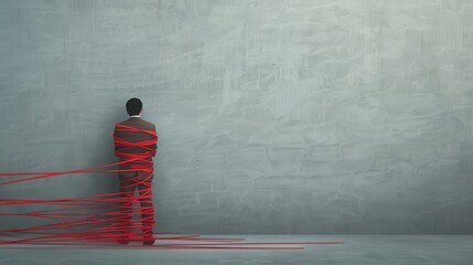 A man entangled in a web of red tape, representing the complications of bureaucratic debt