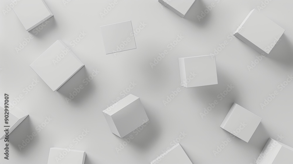 Poster white blocks seemingly falling from above. against a light gray solid background.