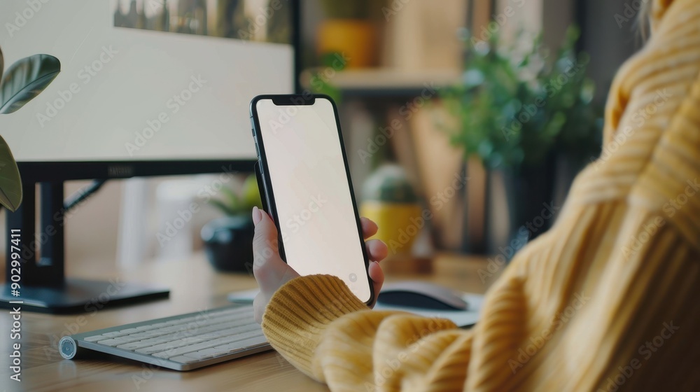 Aufkleber a person is typing on a phone that is on a stand. the phone is white and the person is using a keybo