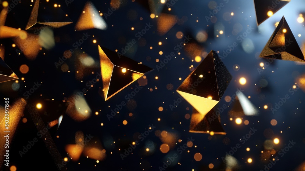 Poster abstract background with golden glowing triangles and bokeh lights.