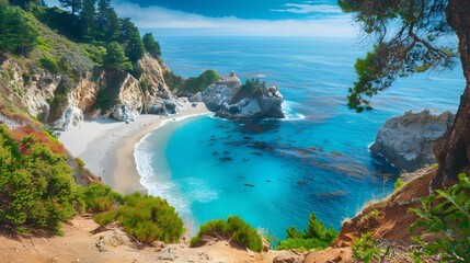 Fototapeta premium Dramatic Cliffside Turquoise Cove in Secluded Beachscape Landscape