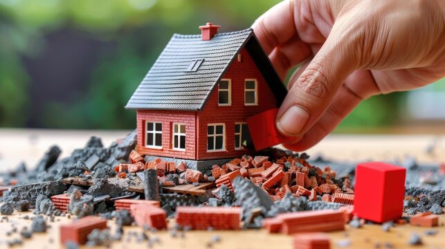 Hand pulling out a red block from under a house model, causing it to collapse, symbolizing potential disaster