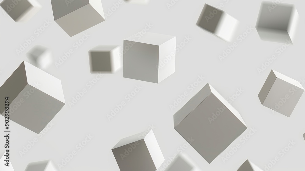 Poster white blocks seemingly falling from above. against a light gray solid background.