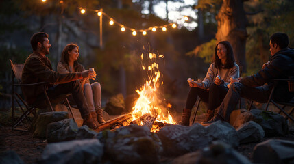 Colleagues around a fire pit, toasting marshmallows and engaging in lighthearted conversation, upper third copy space. Creation, Joy, Support