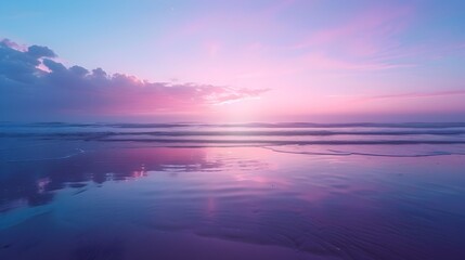 Naklejka premium Tranquil Beach Twilight with Serene Reflective Atmosphere and Pastel Sky