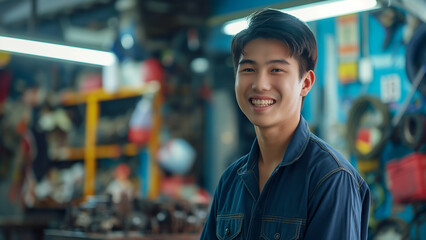 Asian male mechanic, copy space, smiling